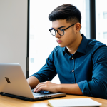 A determined young professional, fully clothed in a modest business casual shirt and trousers, intensely focused on a laptop and open textbooks in a quiet, well-lit modern study room. The desk is organized with neatly stacked notes, pens, and a warm beverage, emphasizing deep concentration and dedication. Professional photography, high resolution, realistic, natural lighting, fully clothed, appropriate attire, safe for work, perfect anatomy, correct proportions, natural pose, well-formed hands, proper finger count, natural body proportions, professional.