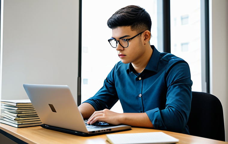 A determined young professional, fully clothed in a modest business casual shirt and trousers, intensely focused on a laptop and open textbooks in a quiet, well-lit modern study room. The desk is organized with neatly stacked notes, pens, and a warm beverage, emphasizing deep concentration and dedication. Professional photography, high resolution, realistic, natural lighting, fully clothed, appropriate attire, safe for work, perfect anatomy, correct proportions, natural pose, well-formed hands, proper finger count, natural body proportions, professional.